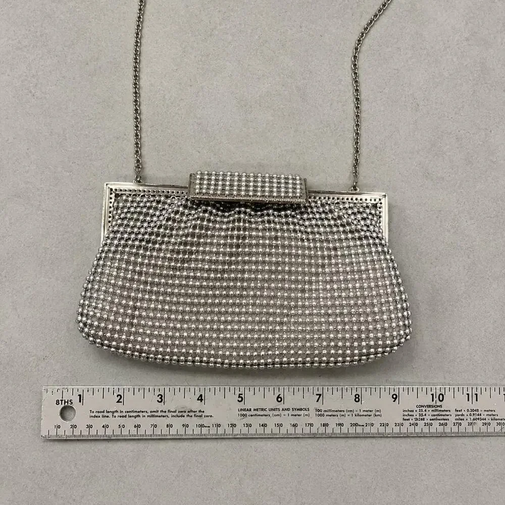 La Regale Silver Beaded Rhinestone Clutch Chain Strap Formal Purse Vintage